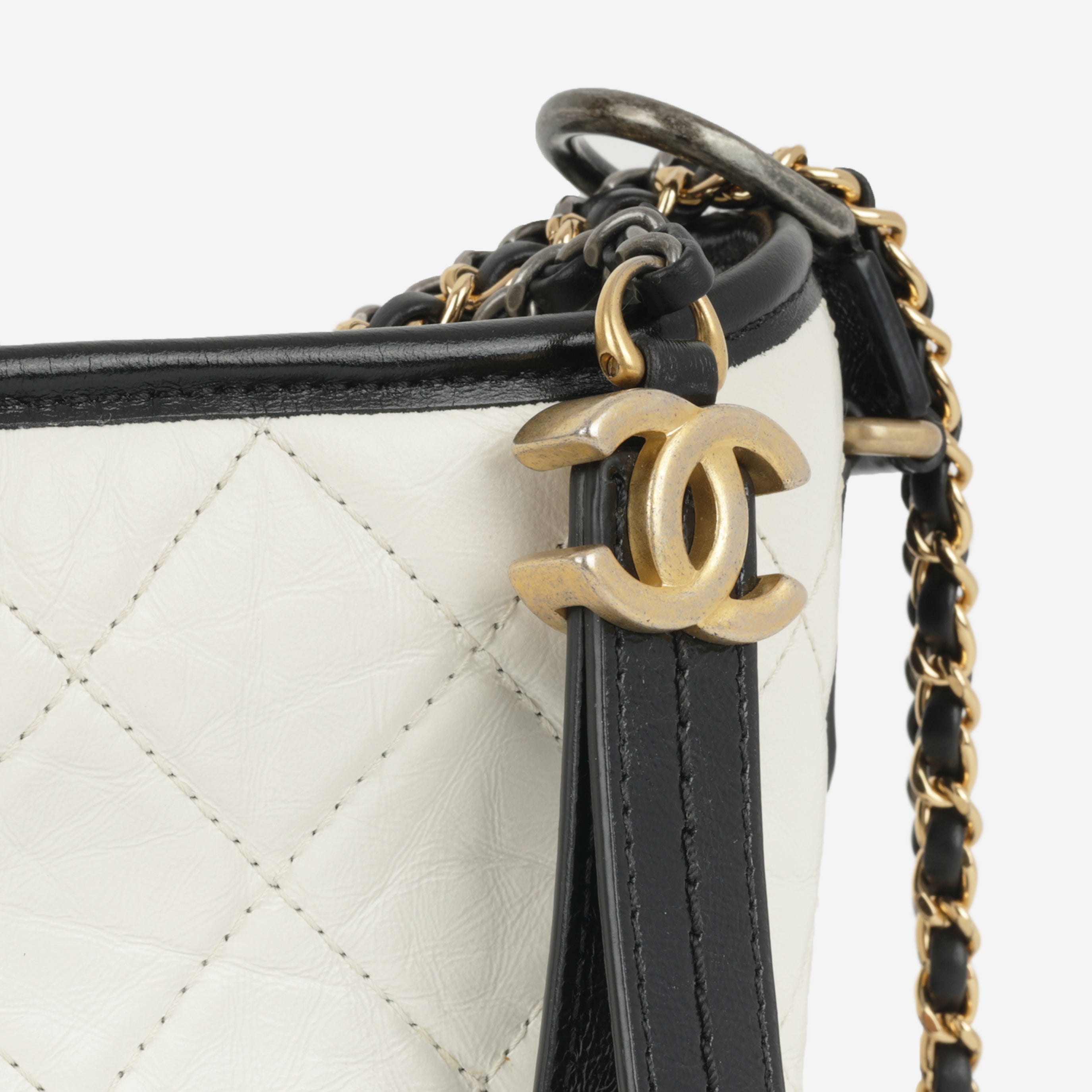 Chanel - Small Gabrielle Bag - White / Black Aged Calfskin MHW