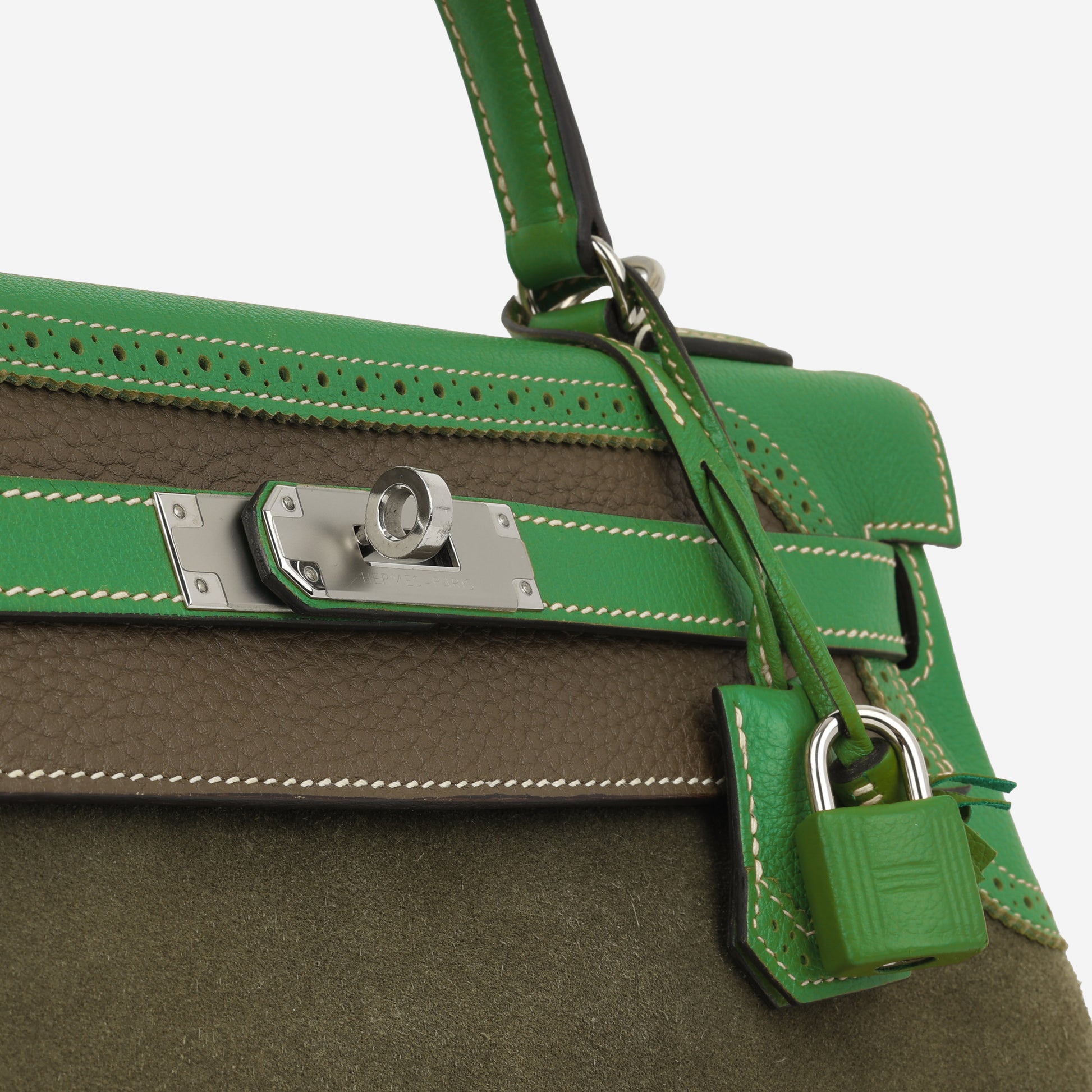 Hermès Kelly 32 Ghillies Bambou Etoupe Vert Olive Palladium