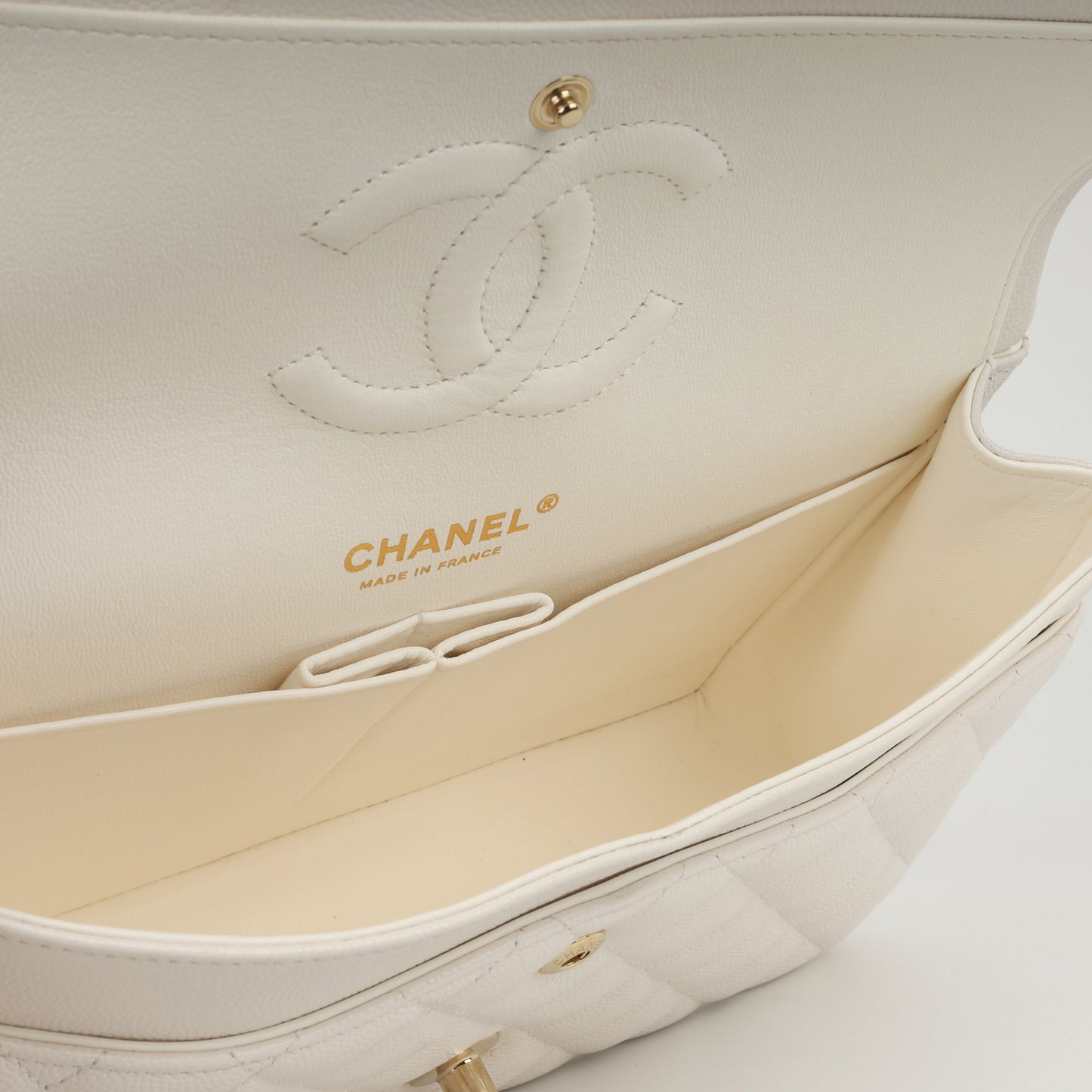 Chanel Medium Classic Flap - White Caviar | Champagne gold hardware