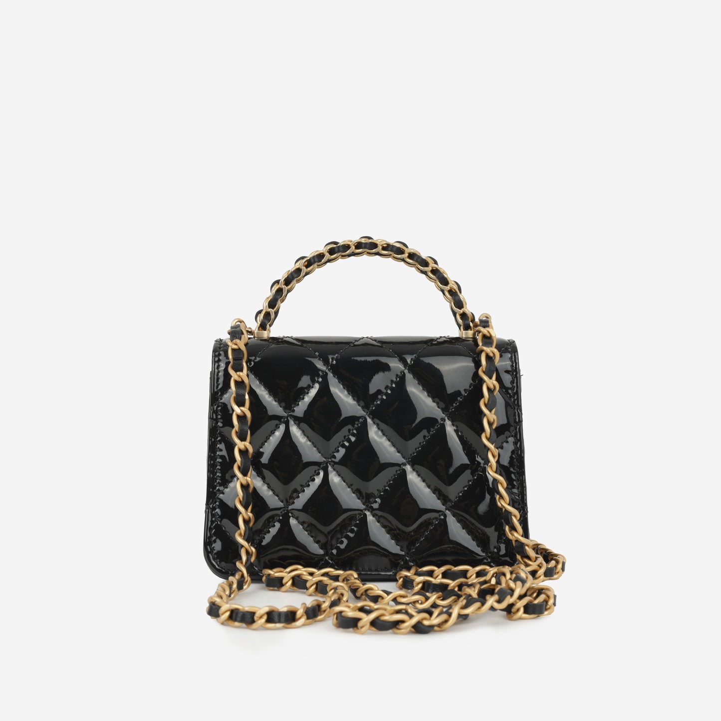 Chanel Micro Top Handle Clutch On Chain - Black Patent Calfskin | Gold Hardware