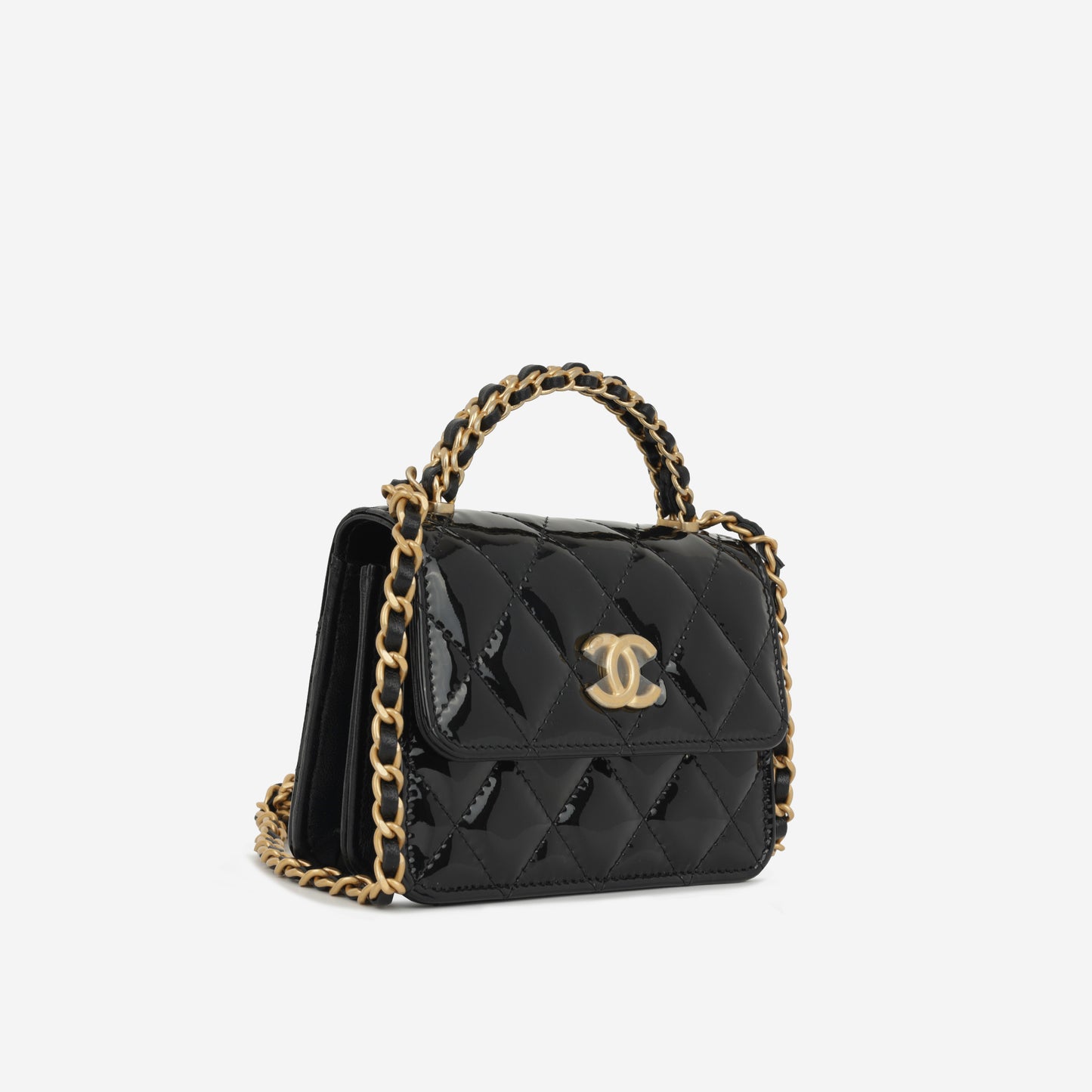 Chanel Micro Top Handle Clutch On Chain - Black Patent Calfskin | Gold Hardware