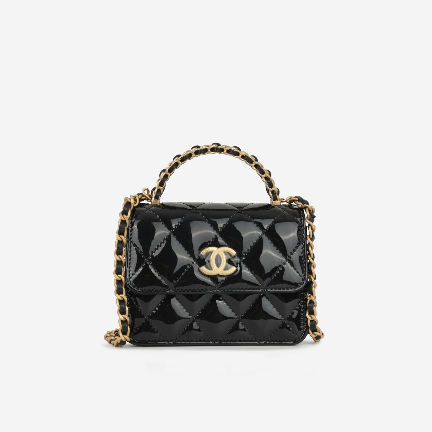Chanel Micro Top Handle Clutch On Chain - Black Patent Calfskin | Gold Hardware