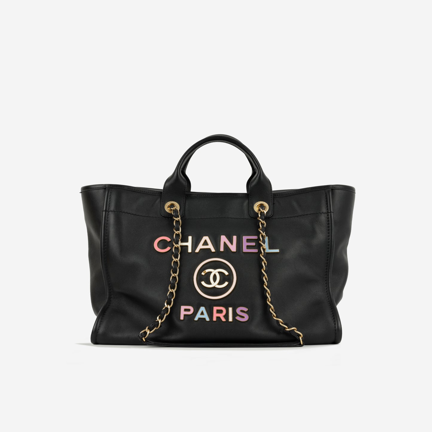 Chanel Large Deauville - Black Lambskin with Multicolor Logo | Antique Gold Hardware