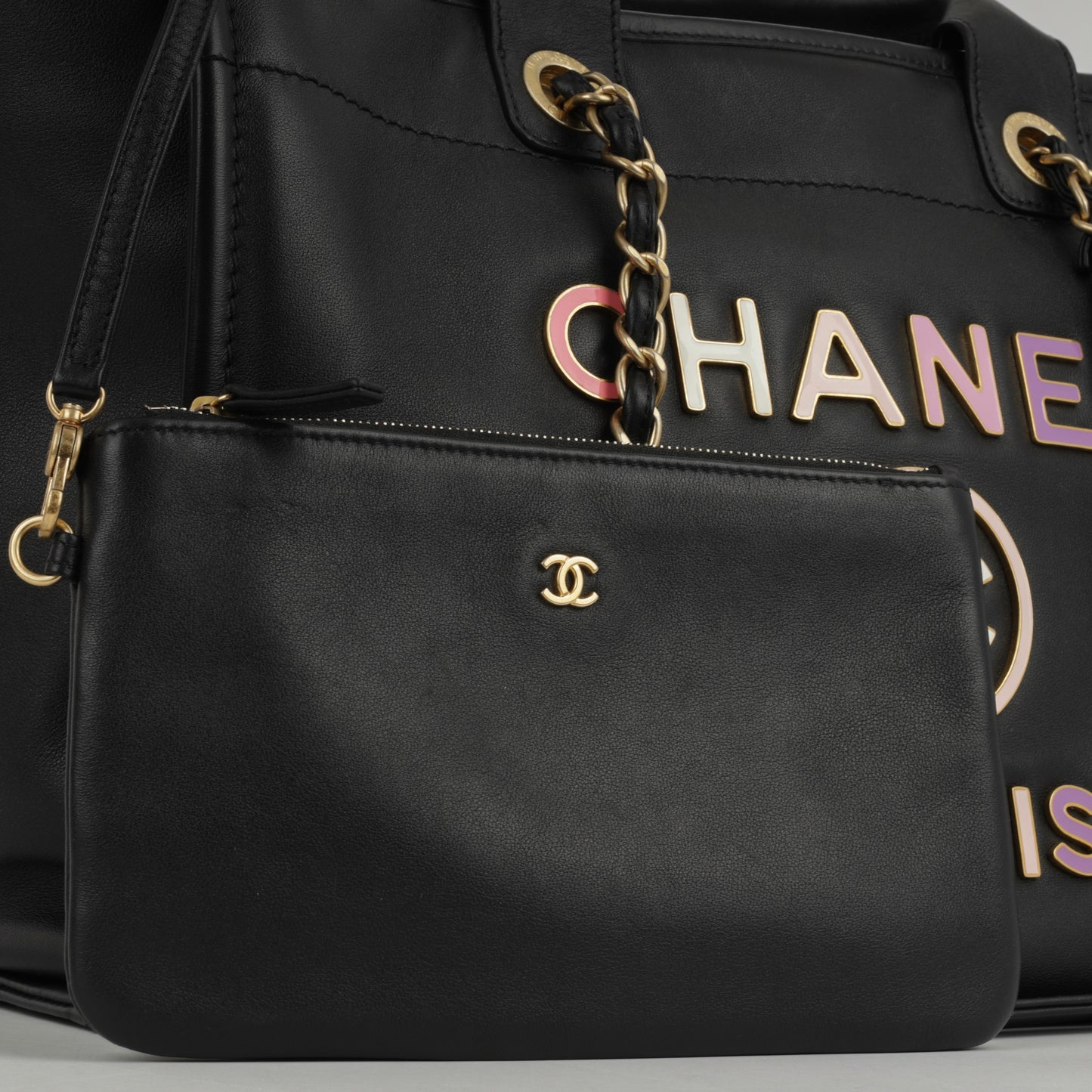 Chanel Large Deauville - Black Lambskin with Multicolor Logo | Antique Gold Hardware