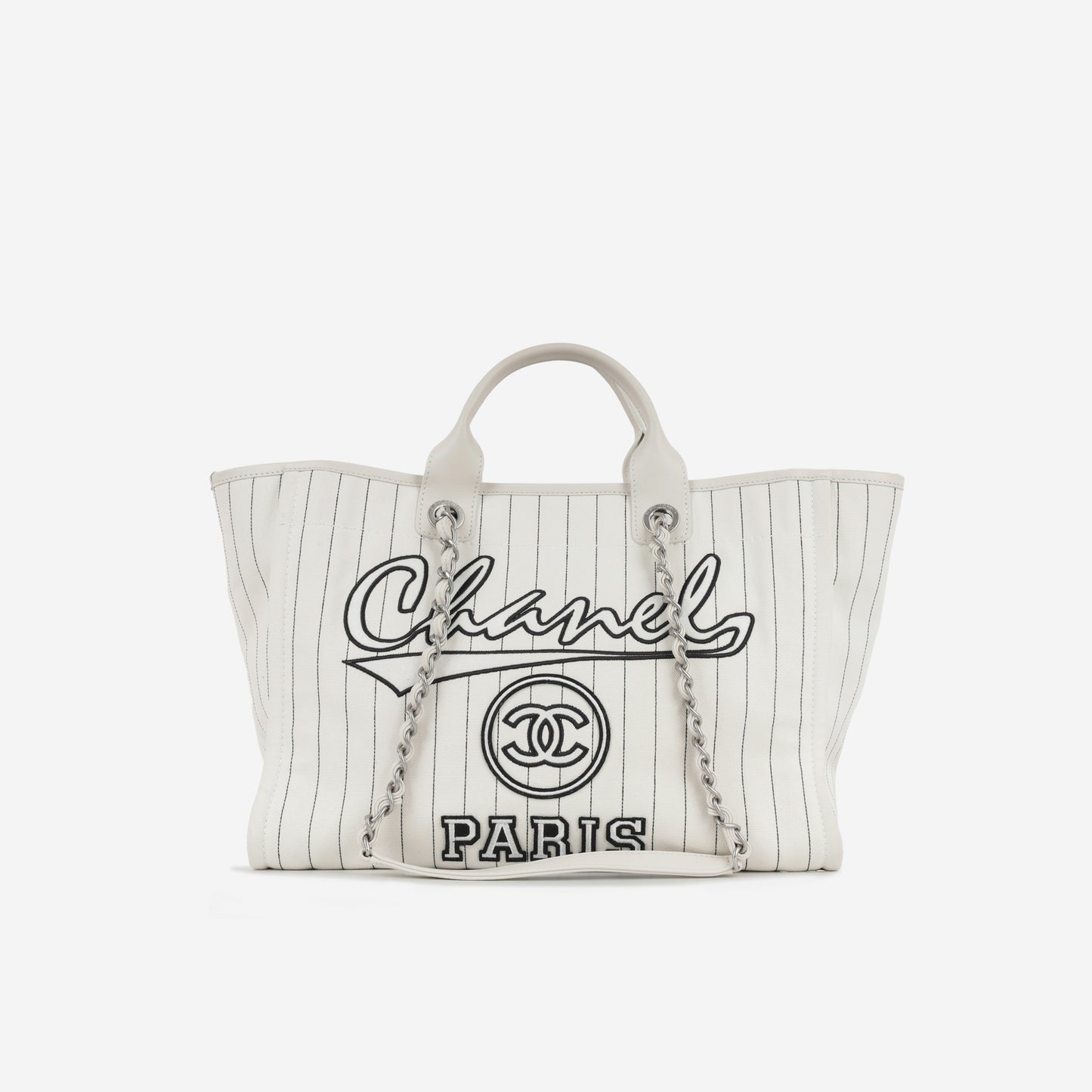 Chanel Large Deauville - White Canvas / Black Stripes | Silver Hardware