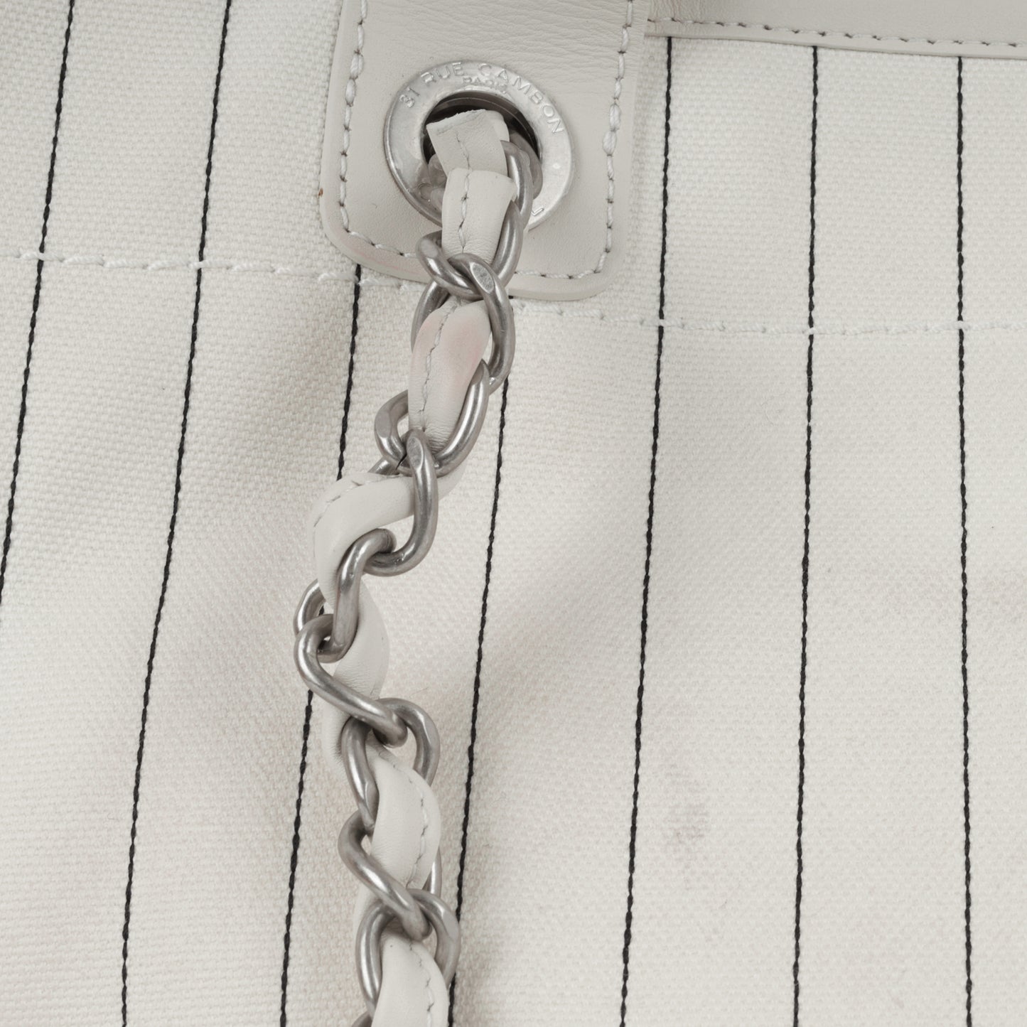 Chanel Large Deauville - White Canvas / Black Stripes | Silver Hardware