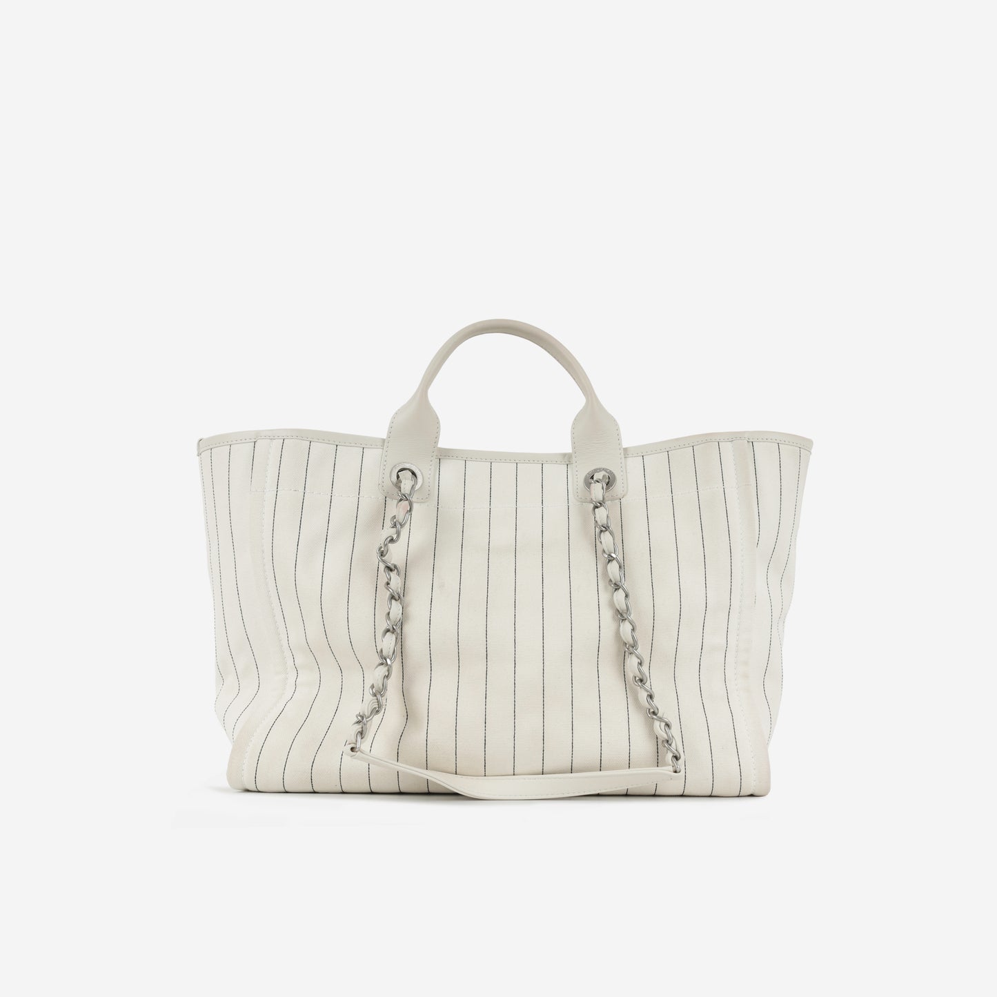 Chanel Large Deauville - White Canvas / Black Stripes | Silver Hardware