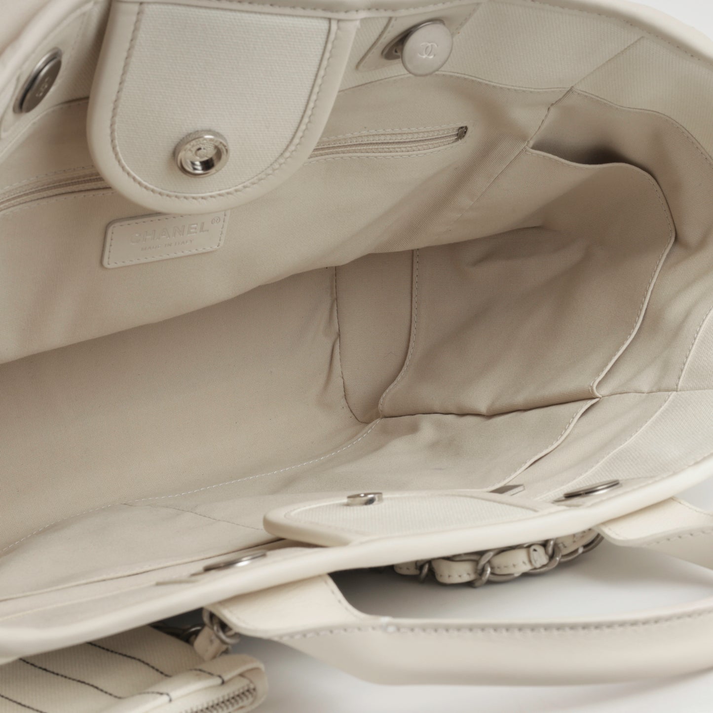 Chanel Large Deauville - White Canvas / Black Stripes | Silver Hardware