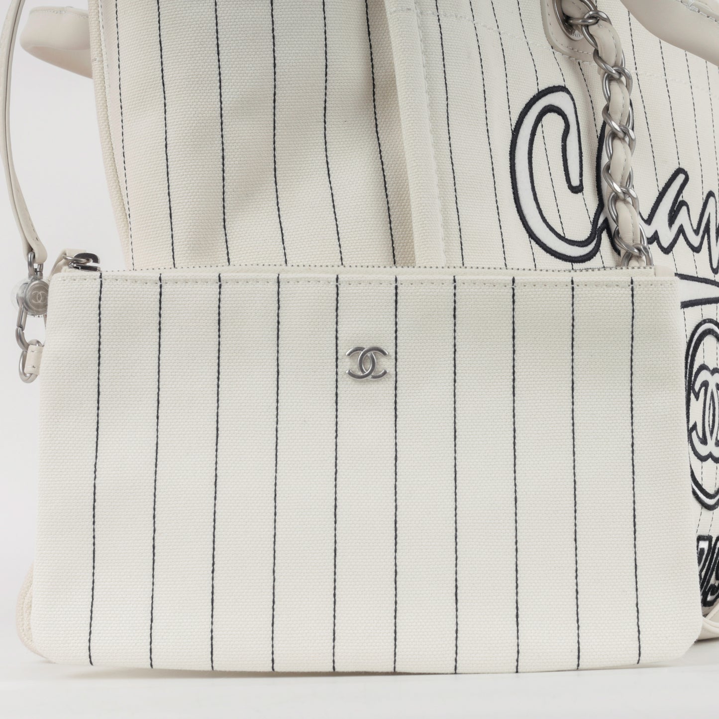 Chanel Large Deauville - White Canvas / Black Stripes | Silver Hardware