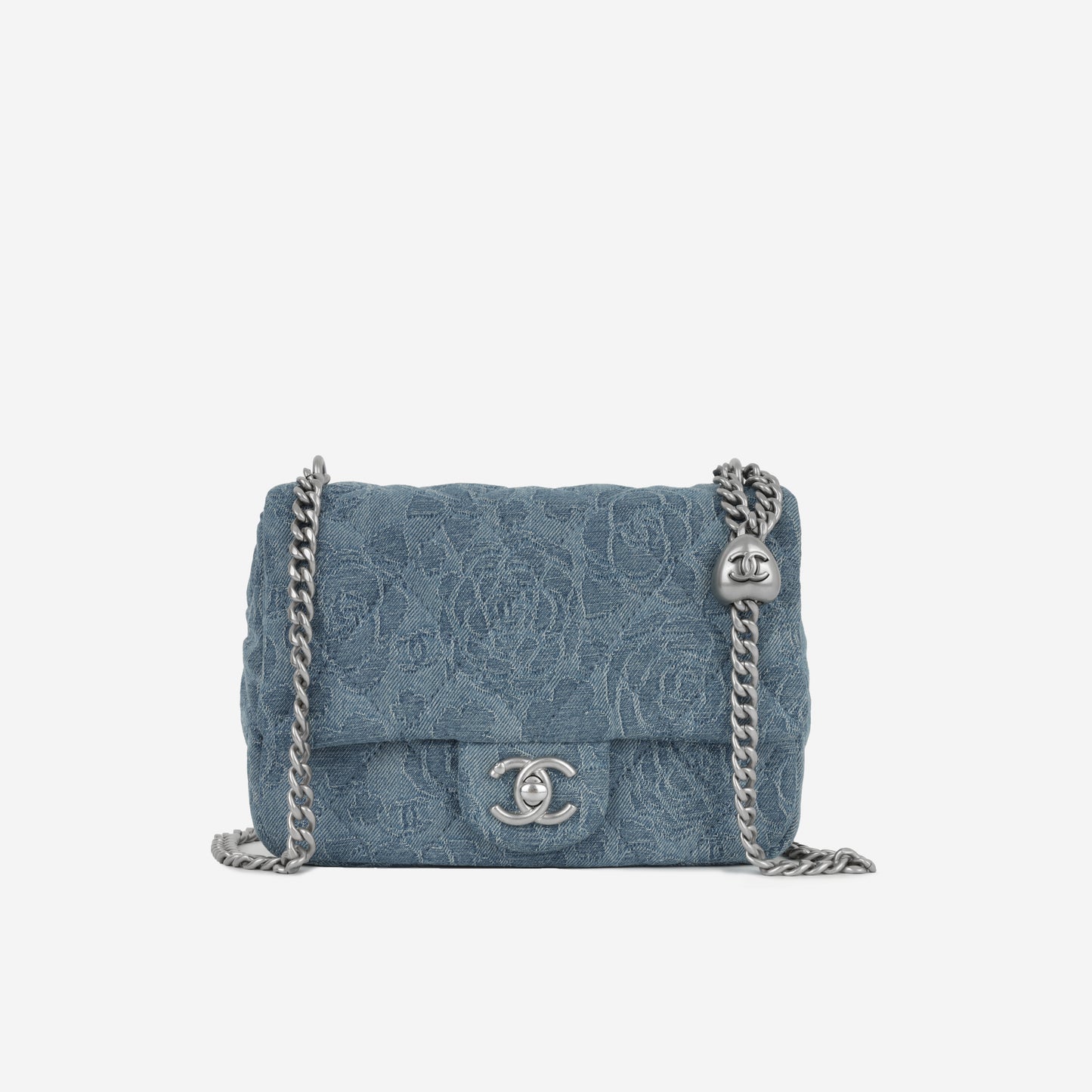 Chanel Square Camellia Heart Crush - Blue Embroidered Denim | Silver Hardware