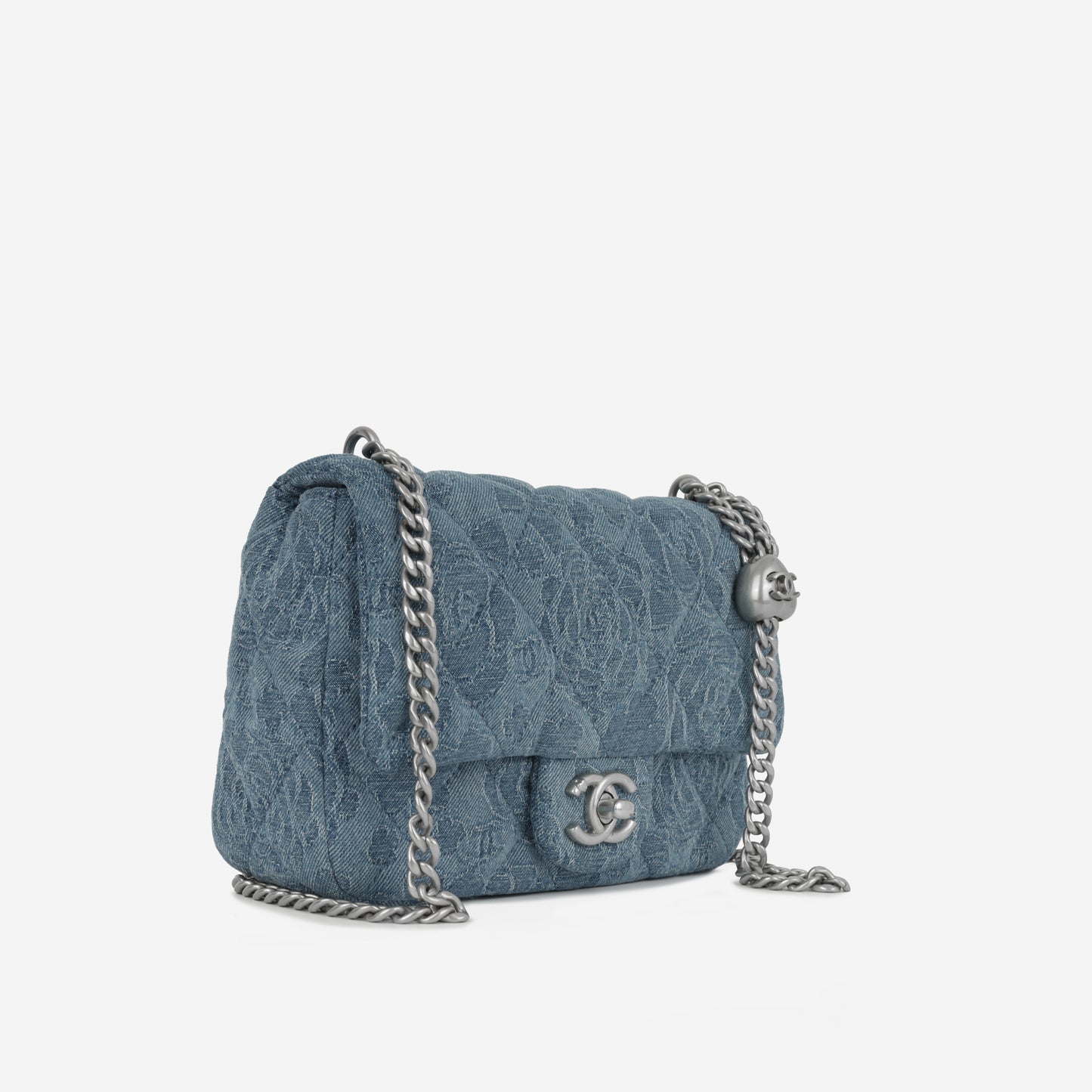 Chanel Square Camellia Heart Crush - Blue Embroidered Denim | Silver Hardware