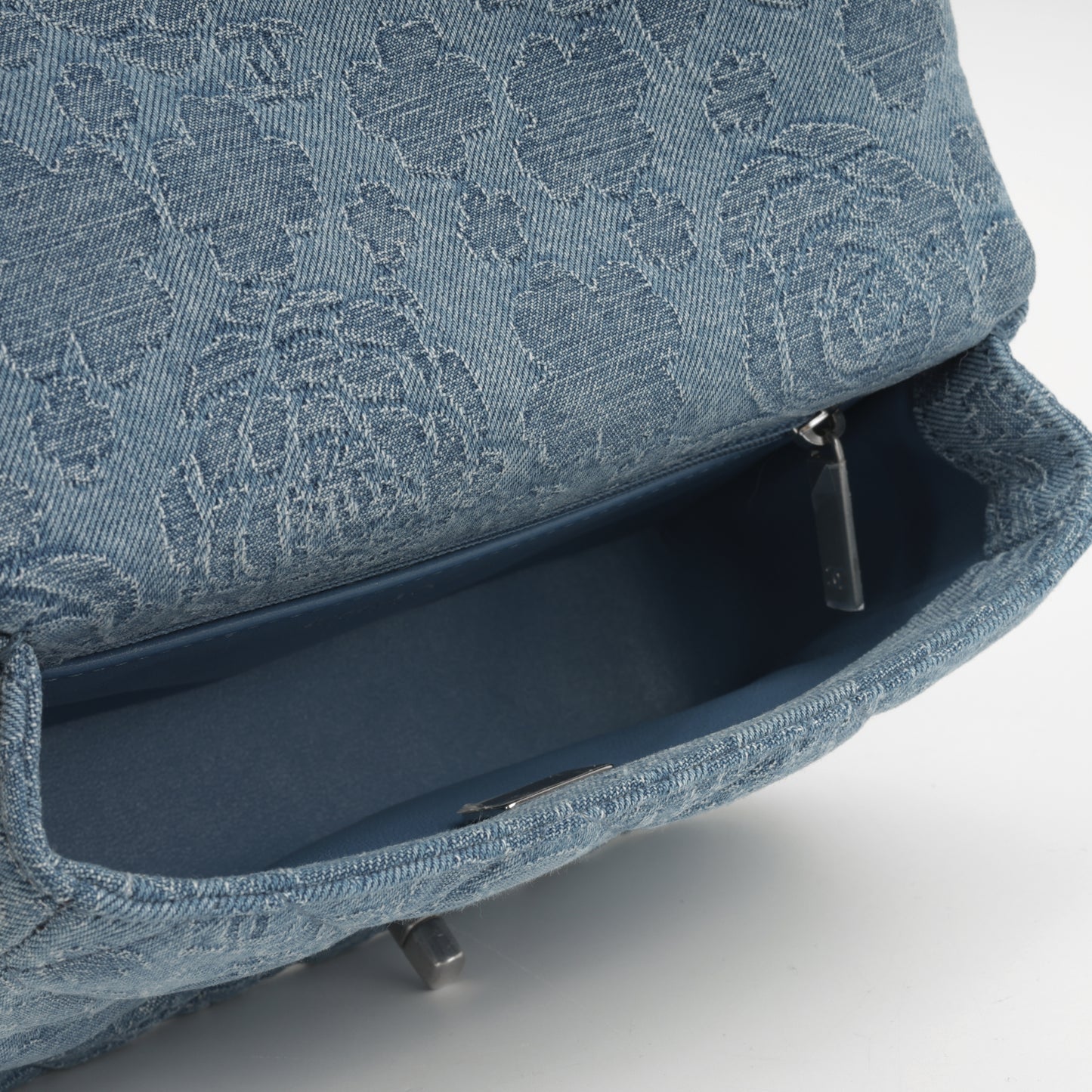 Chanel Square Camellia Heart Crush - Blue Embroidered Denim | Silver Hardware