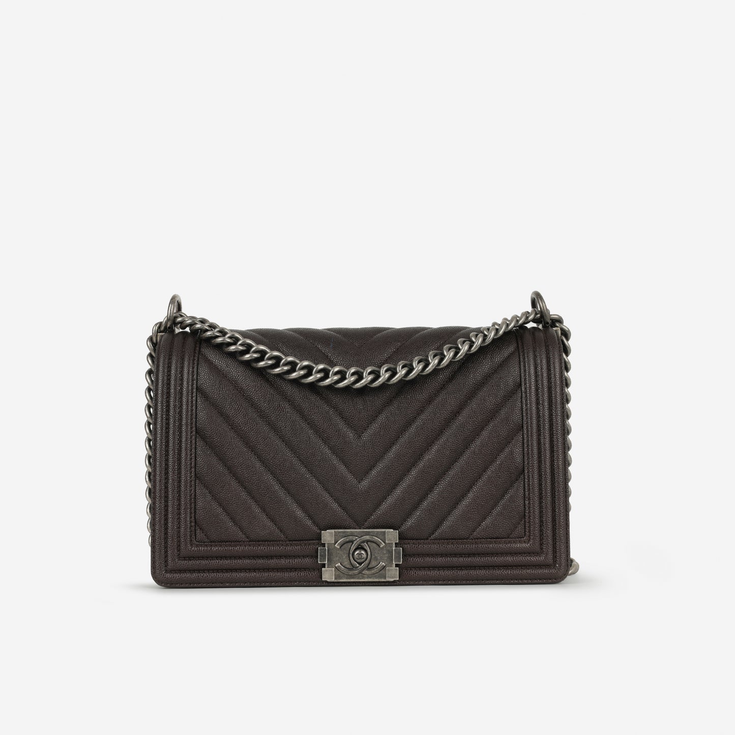 Chanel New Medium Boy Bag - Dark Brown Chevron | Ruthenium Hardware