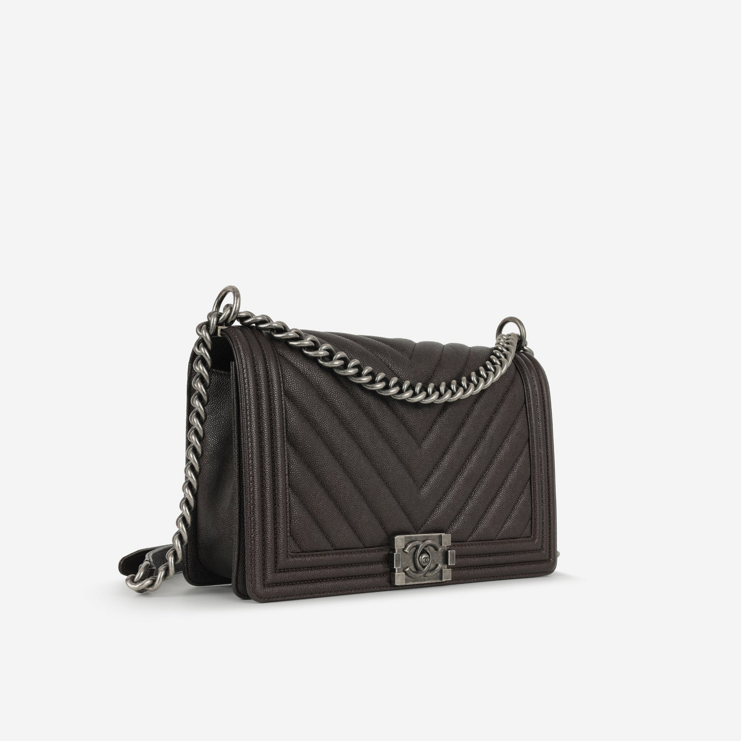 Chanel New Medium Boy Bag - Dark Brown Chevron | Ruthenium Hardware