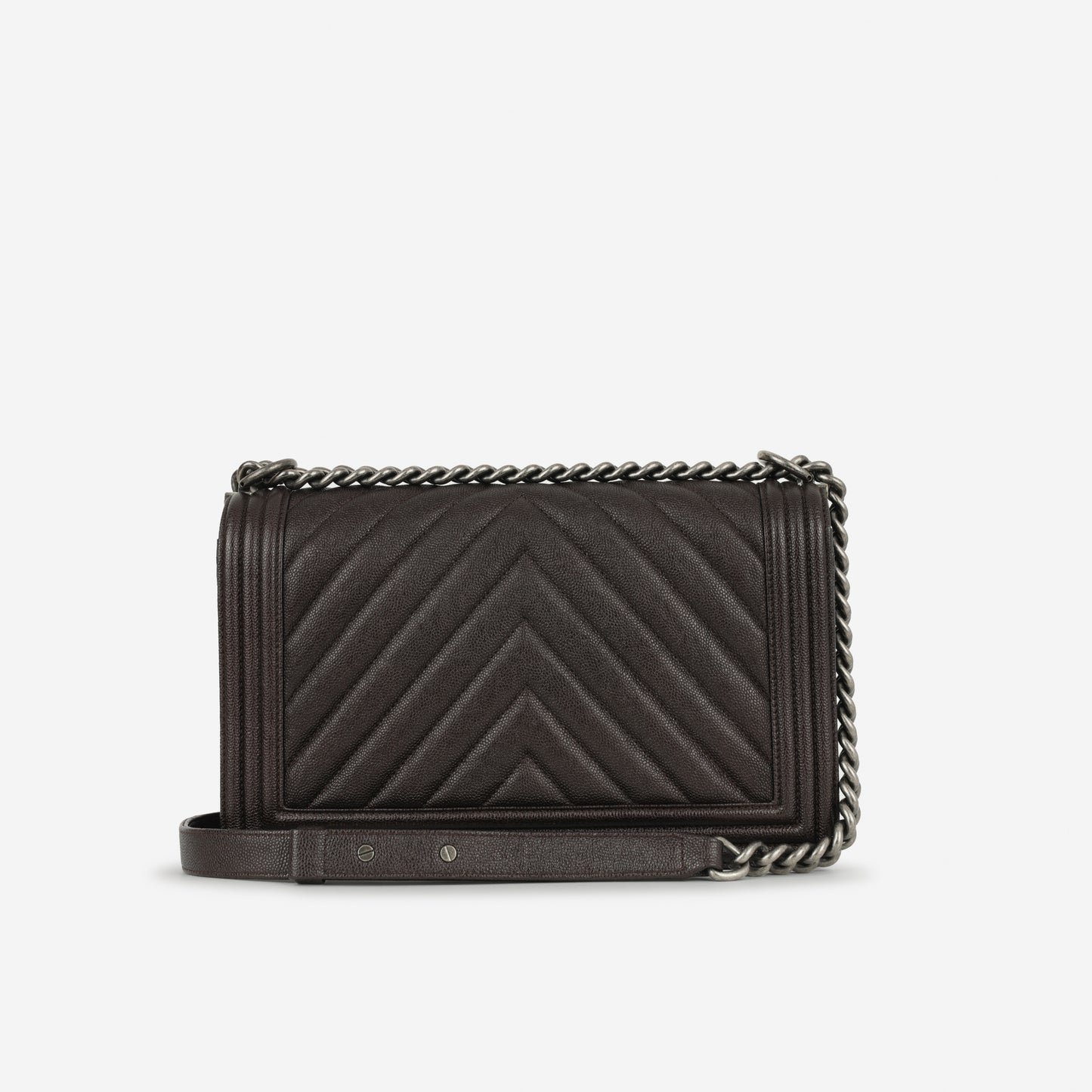 Chanel New Medium Boy Bag - Dark Brown Chevron | Ruthenium Hardware