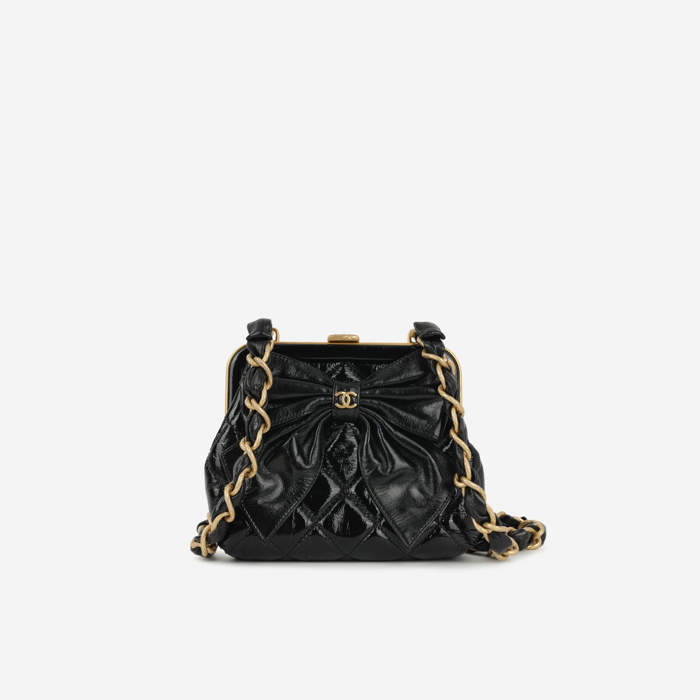 Chanel 24A Bowknot Clutch on Chain- Black Shiny Crumpled Calfskin | Aged Gold Hardware
