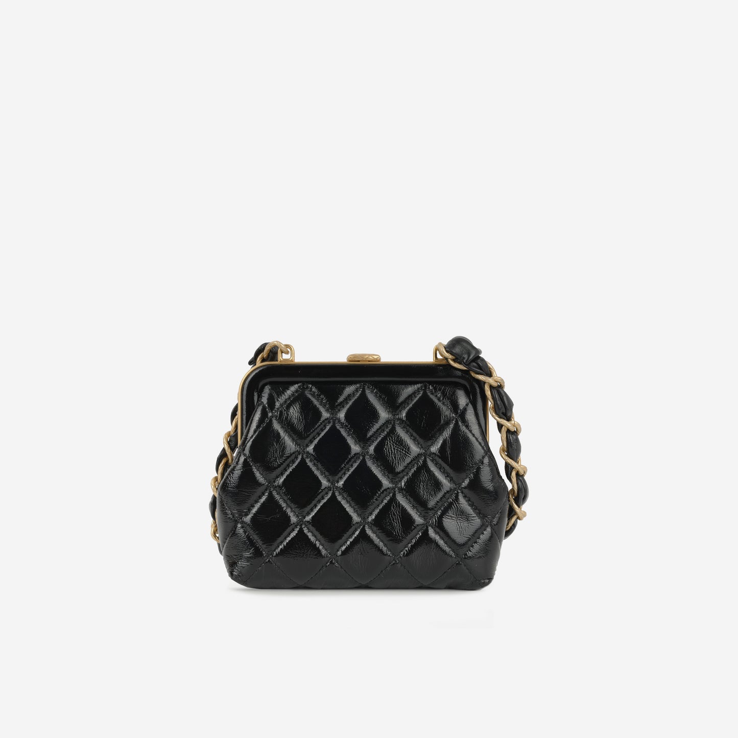 Chanel 24A Bowknot Clutch on Chain- Black Shiny Crumpled Calfskin | Aged Gold Hardware