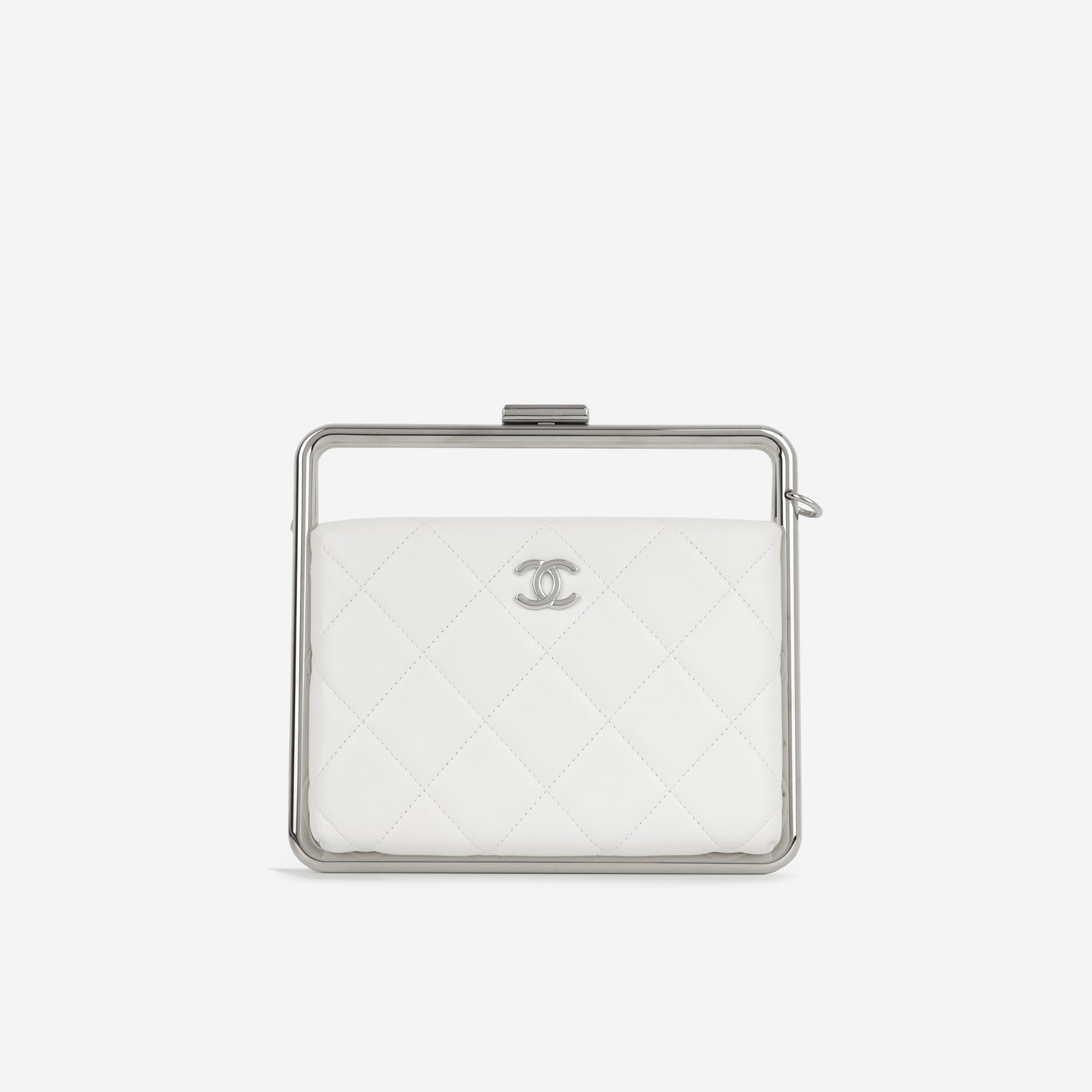 Chanel Convertible Clutch Satchel White Lambskin Silver