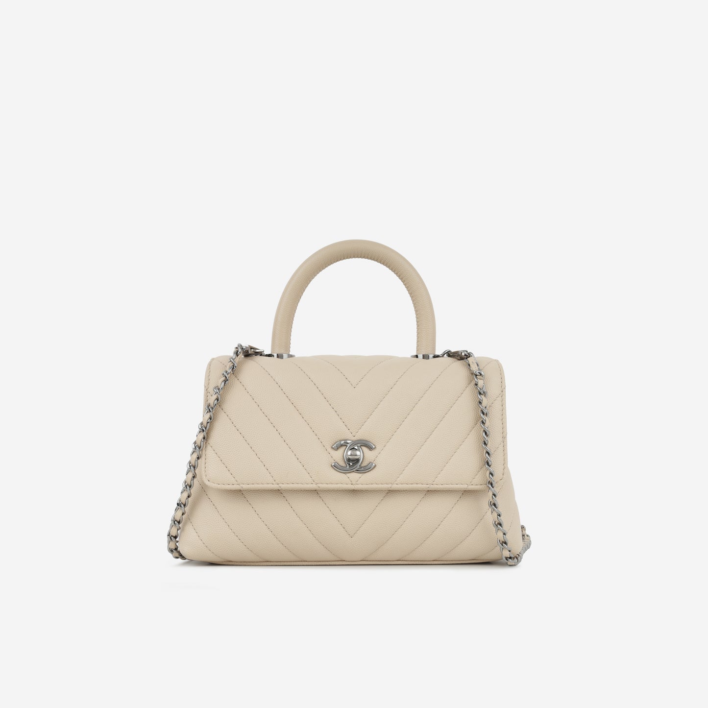 Chanel Small Coco Handle - Beige Chevron Caviar | Ruthenium Hardware