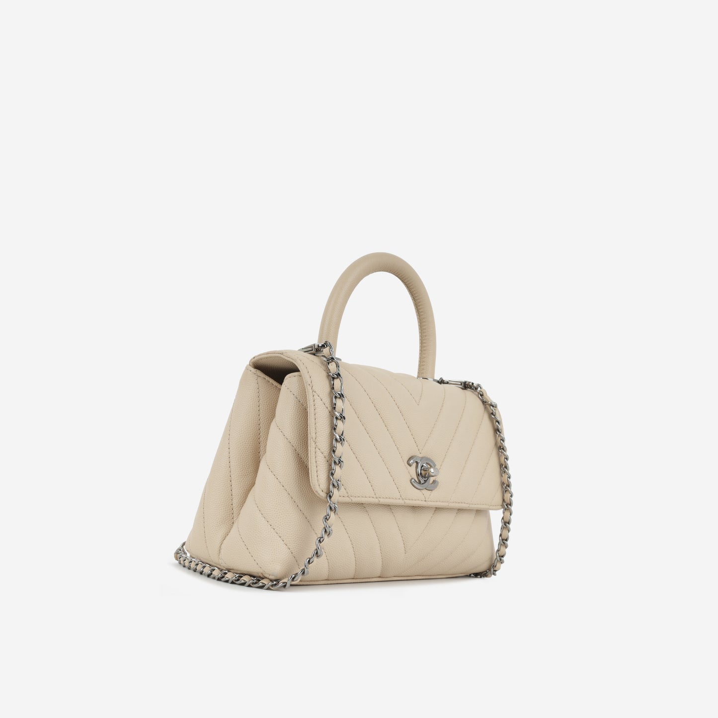 Chanel Small Coco Handle - Beige Chevron Caviar | Ruthenium Hardware