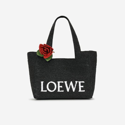 Loewe Medium Font Tote - Black Raffia / White Font