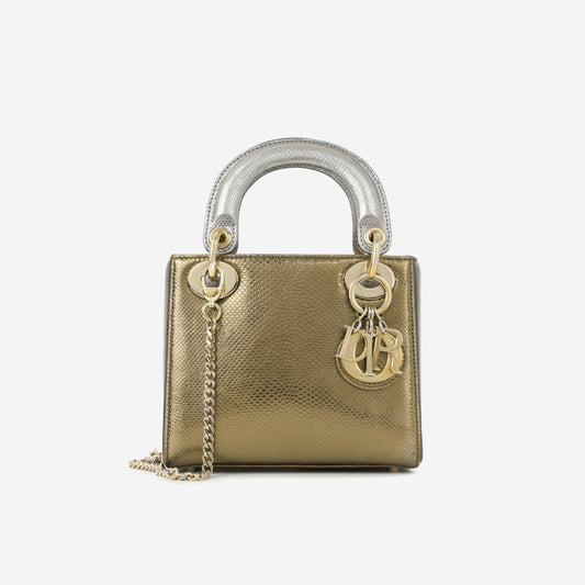 Dior Mini Lady Dior - Silver / Gold Metallic Karung Snake| Champagne Gold Hardware
