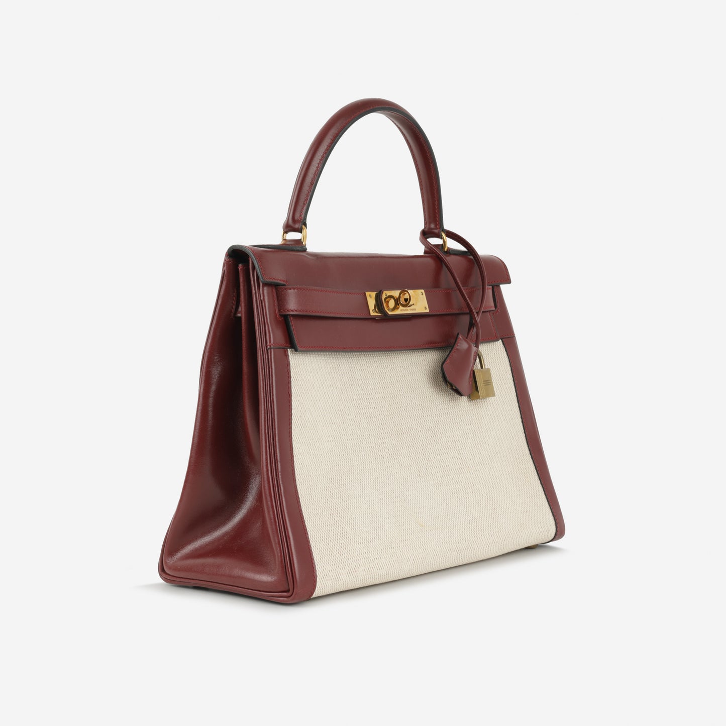 Hermès Vintage Kelly 28 - Bordeaux Box Calf / Ecru toile | Gold Hardware