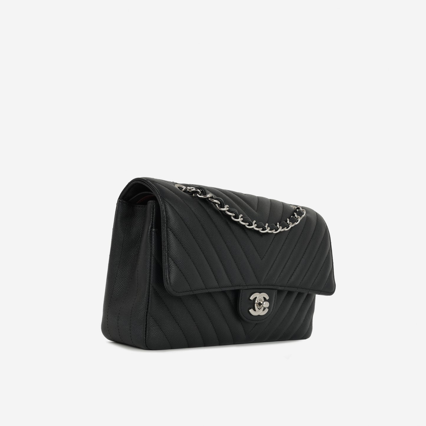 Chanel Medium Classic Flap - Black Chevron | Silver Hardware