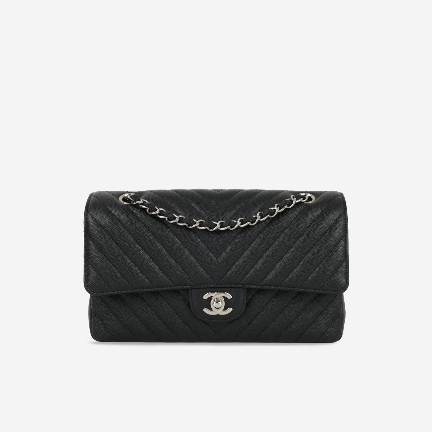 Chanel Medium Classic Flap - Black Chevron | Silver Hardware