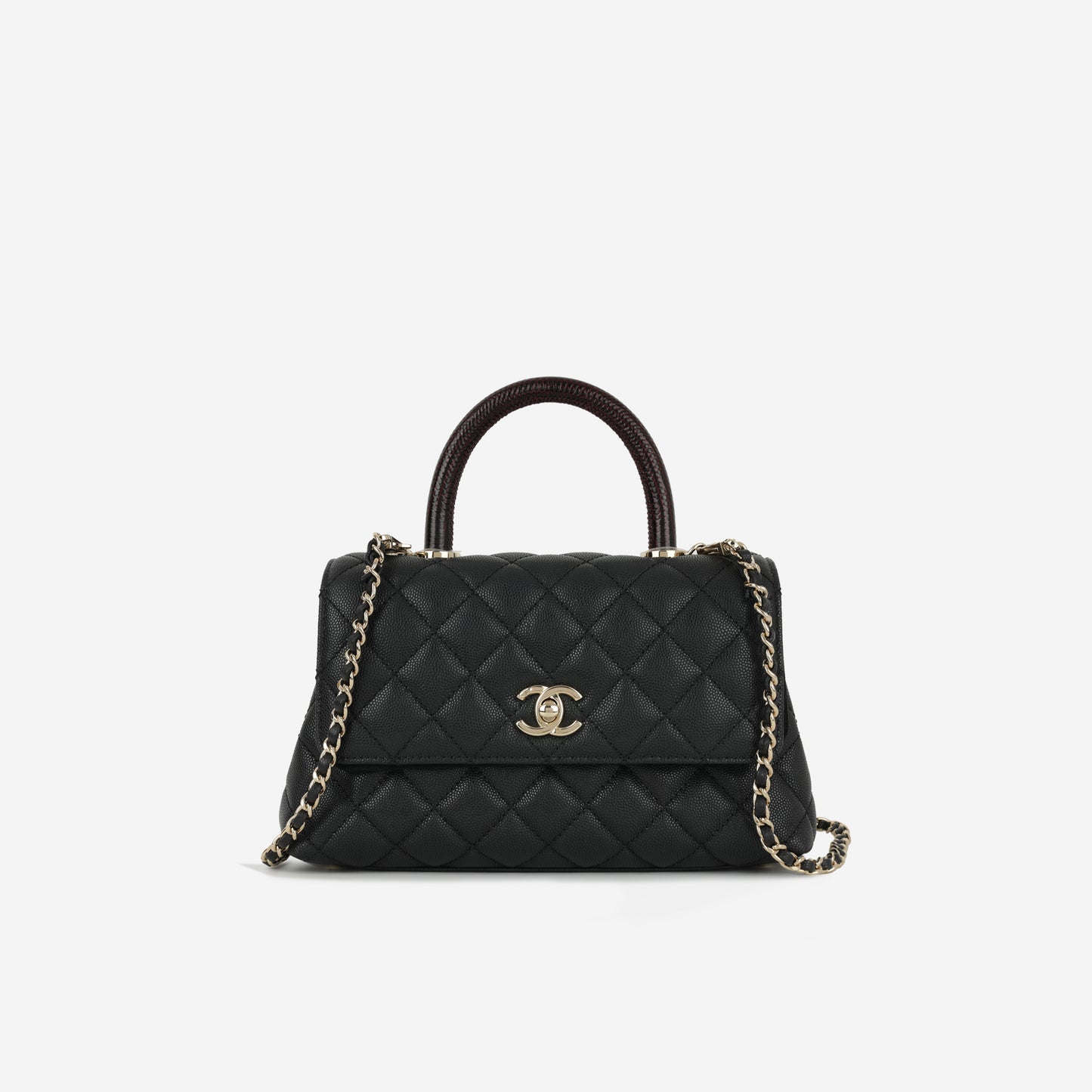 Chanel Small Coco Handle - Black Caviar / Burgundy Lizard Handle | Champagne Gold Hardware
