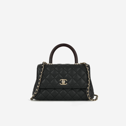 Chanel Small Coco Handle - Black Caviar / Burgundy Lizard Handle | Champagne Gold Hardware