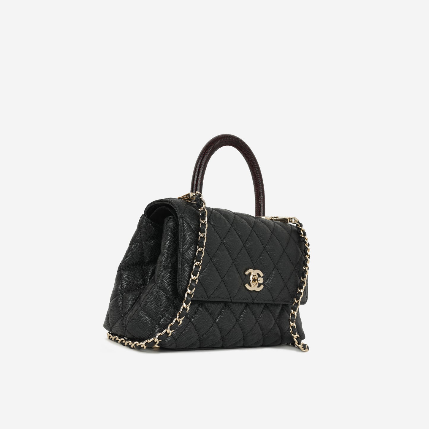 Chanel Small Coco Handle - Black Caviar / Burgundy Lizard Handle | Champagne Gold Hardware