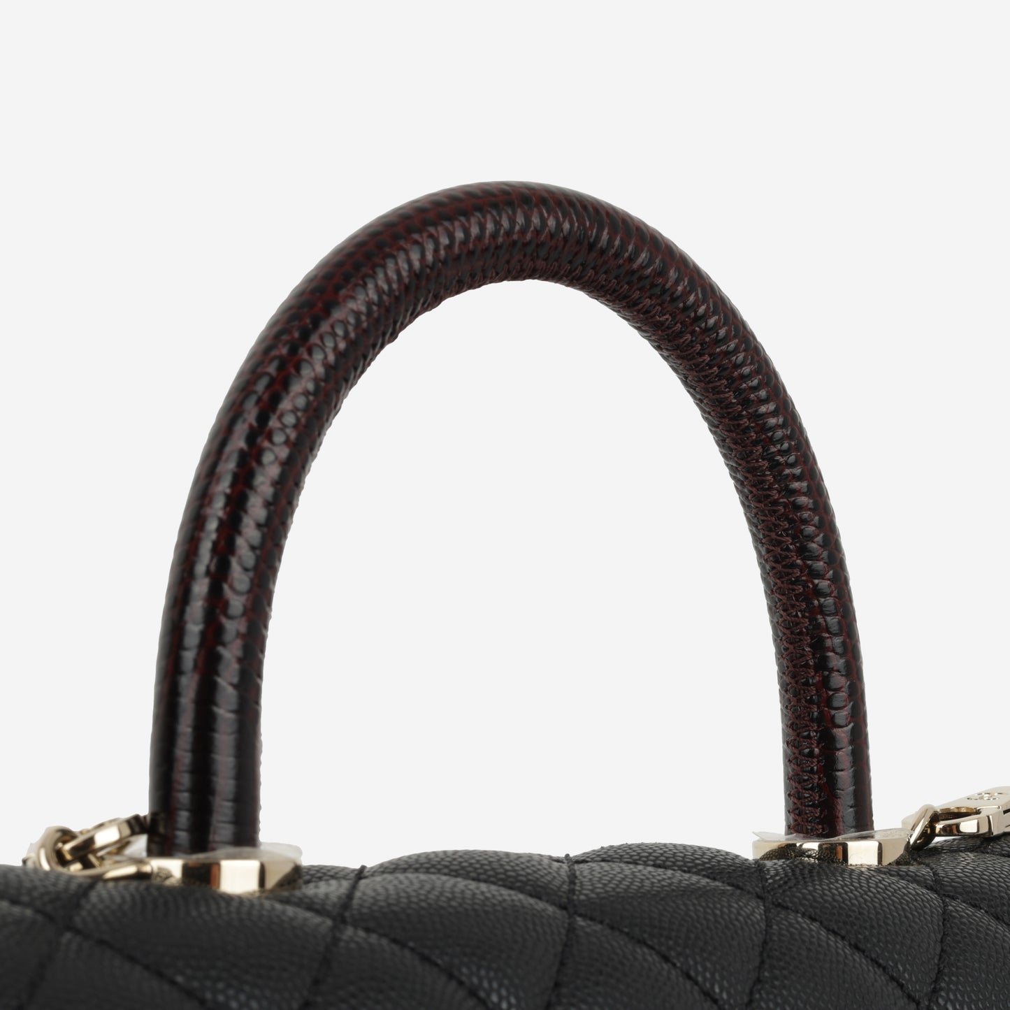 Chanel Small Coco Handle - Black Caviar / Burgundy Lizard Handle | Champagne Gold Hardware