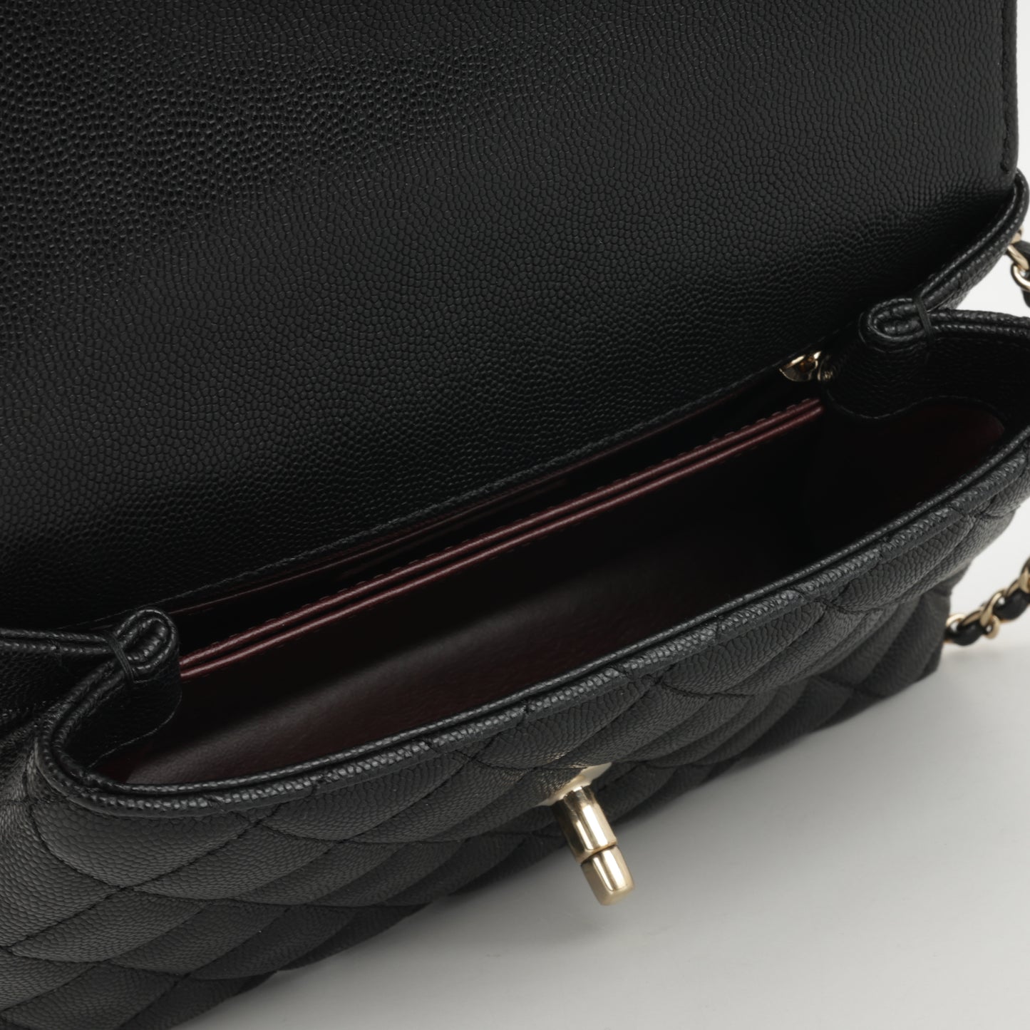 Chanel Small Coco Handle - Black Caviar / Burgundy Lizard Handle | Champagne Gold Hardware