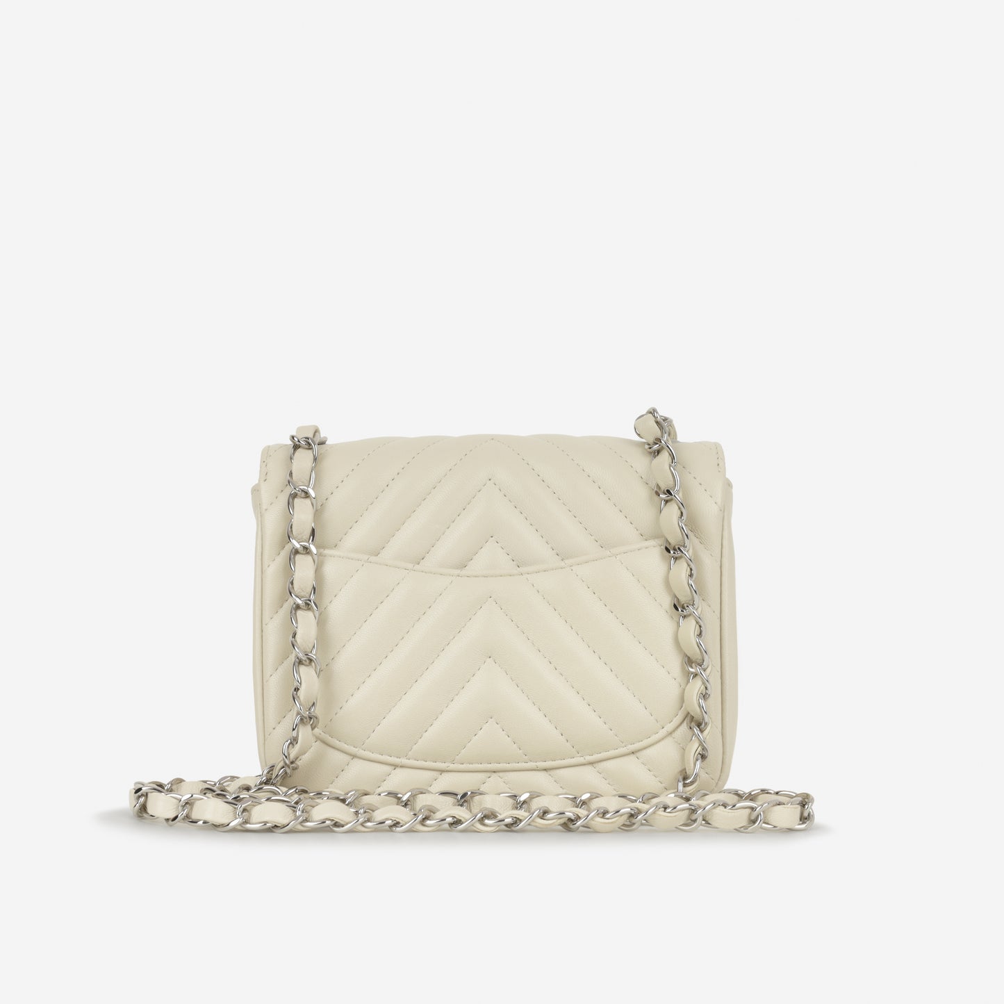 Chanel Mini Square - Ivory Chevron Lambskin | Silver Hardware