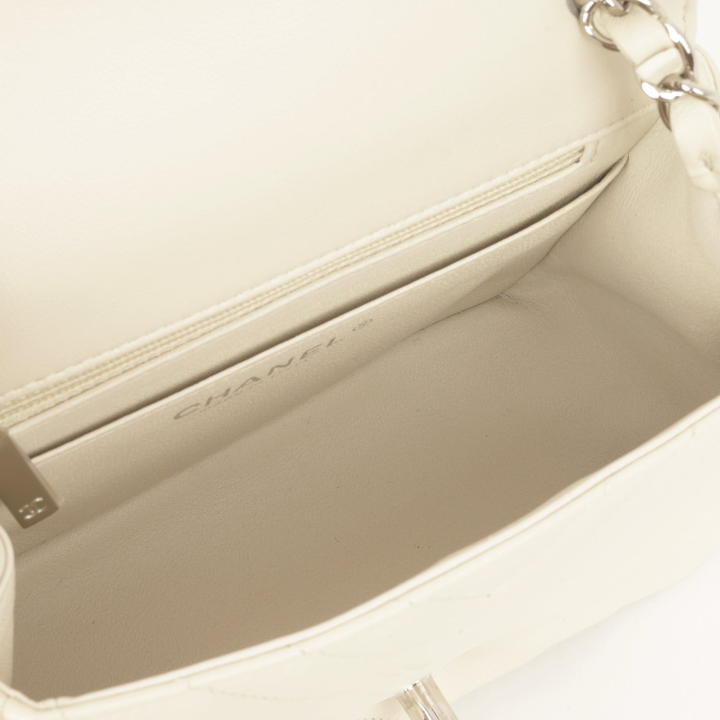 Chanel Mini Square - Ivory Chevron Lambskin | Silver Hardware