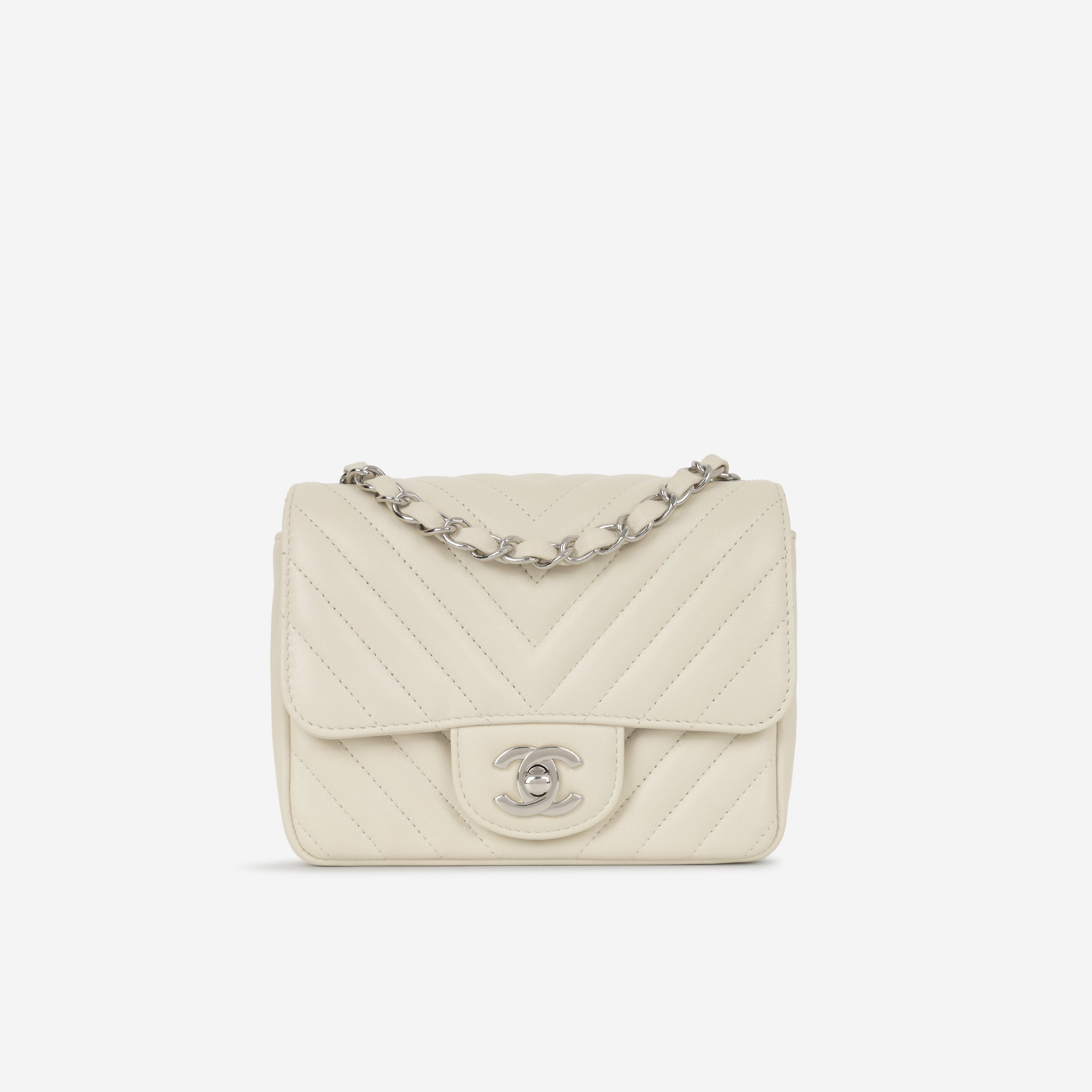 小物 CHANEL Chanel Mini Square - White Chevron Lambskin | Silver Hardware
