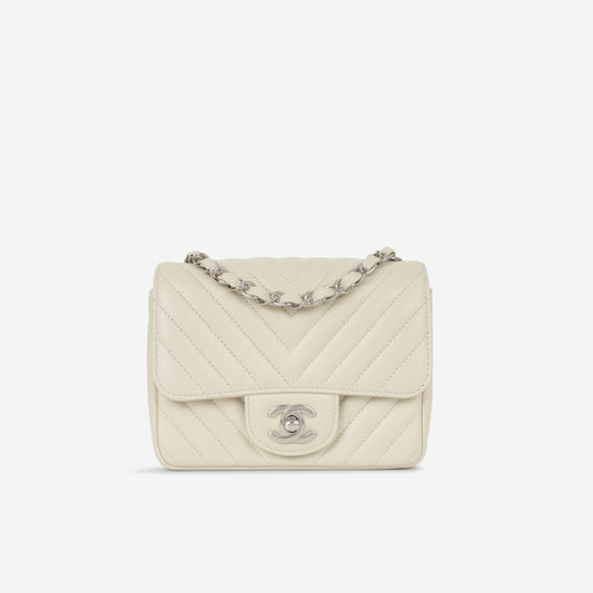 Chanel Mini Square - Ivory Chevron Lambskin | Silver Hardware