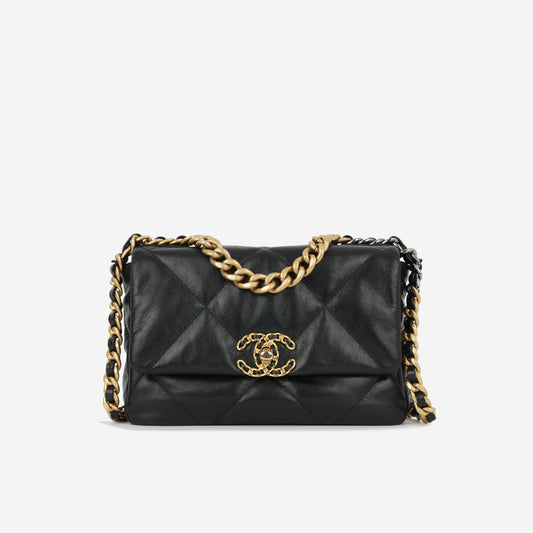 Chanel Small 19 Flap Bag - Black Lambskin | Gold & Silver Hardware