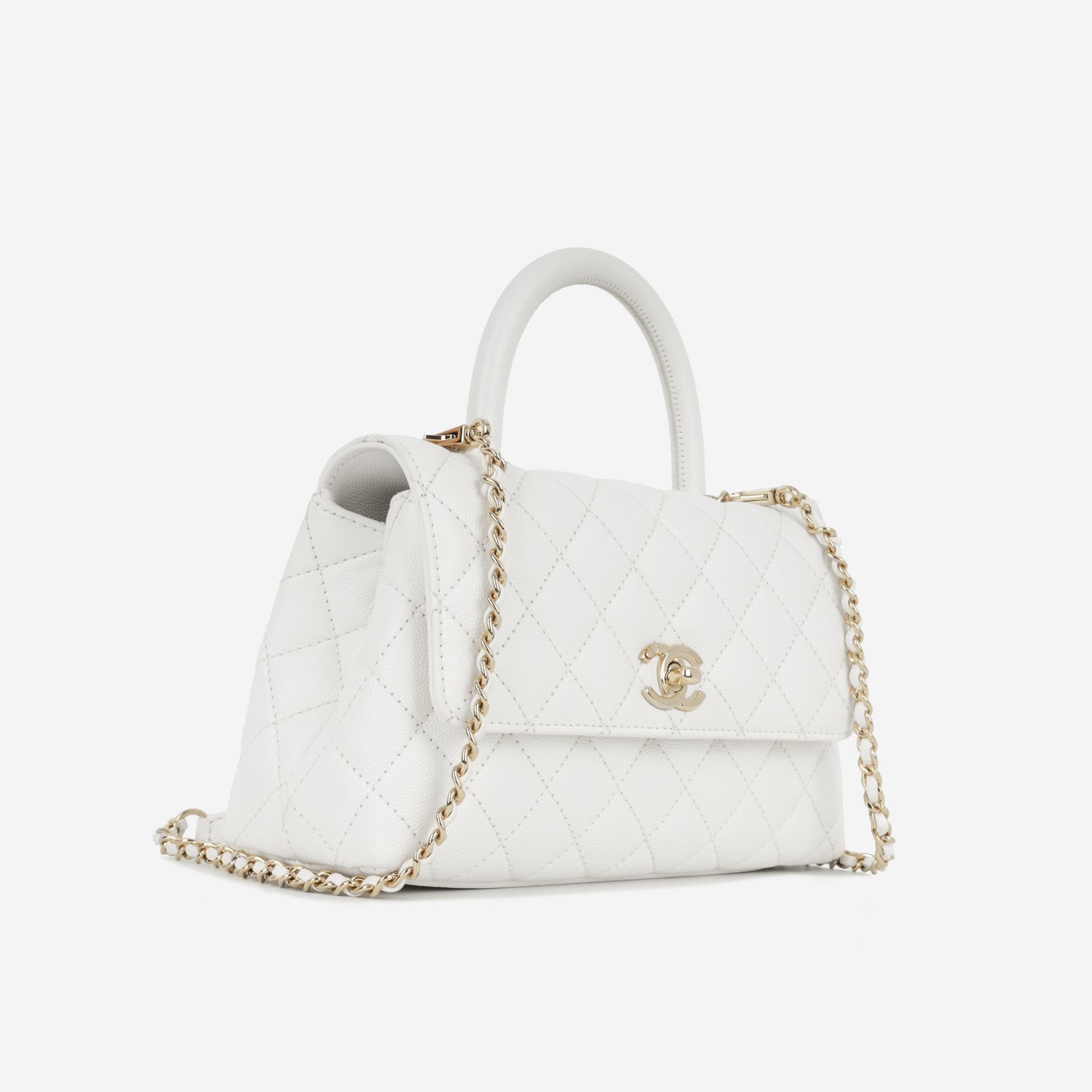 Chanel Small Coco Handle - White Caviar | Champagne Gold Hardware