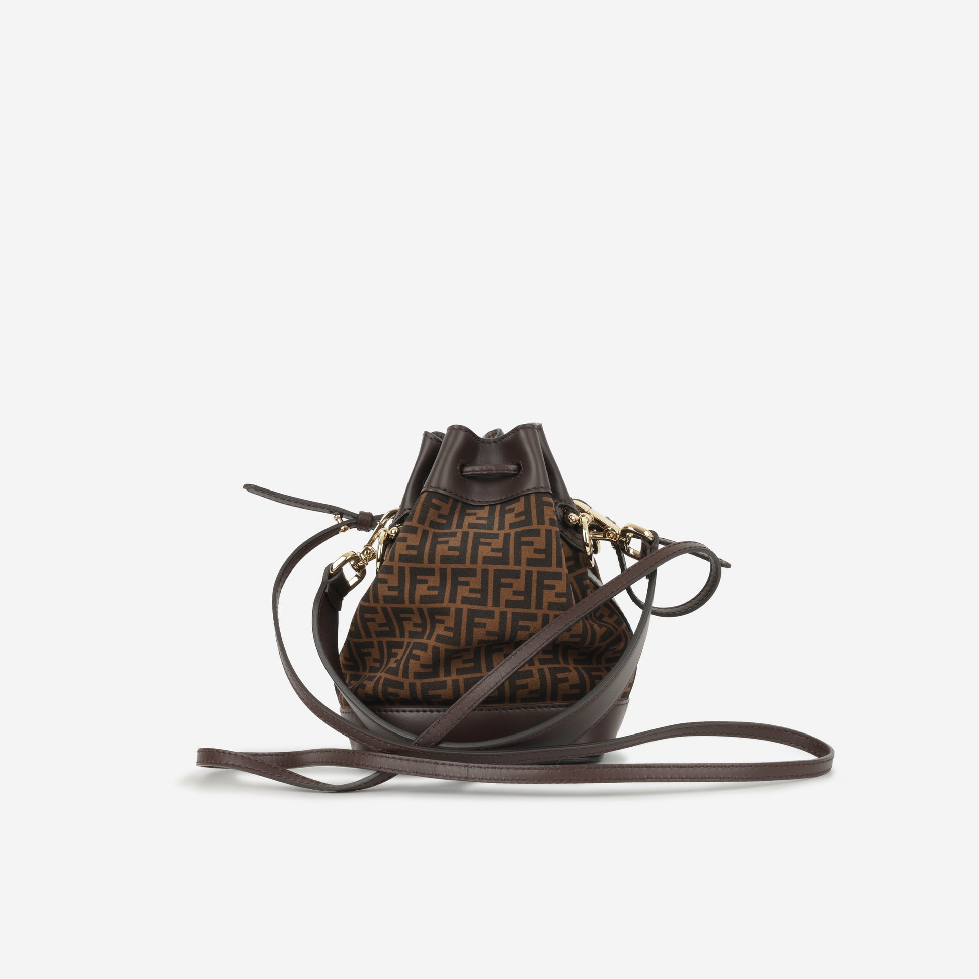 Fendi Mini Mon Tresor Bucket Bag FF Canvas/Brown Calfskin Gold Hardware