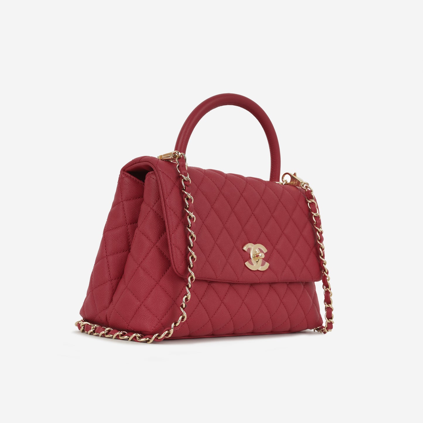 Chanel Medium Coco Handle - Raspberry Caviar | Champagne Gold Hardware
