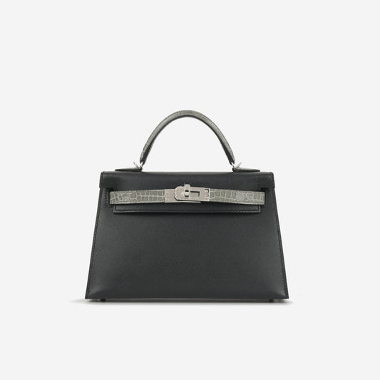 Hermès Mini Kelly Touch - Noir Madame / Gris Ciment Alligator Mississippiensis | Palladium Hardware