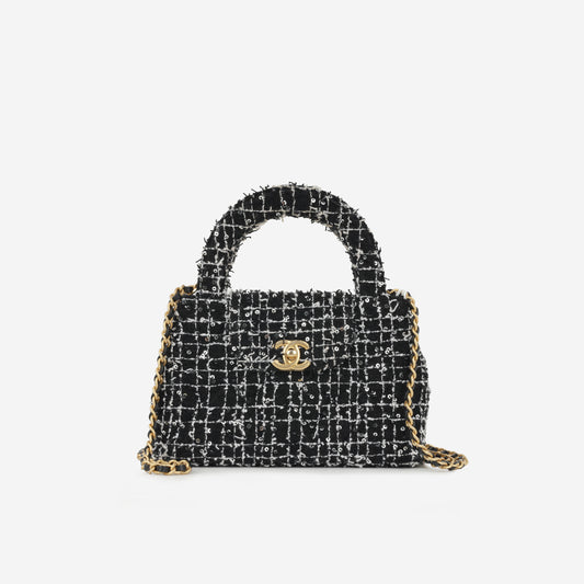 Chanel Small Kelly Re-Edition - Black/White Tweed | Gold Hardware