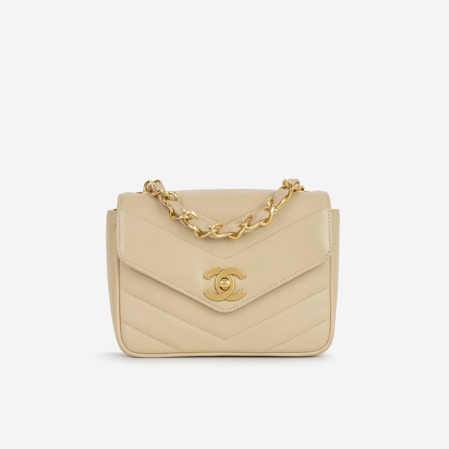 Chanel Vintage Square Chevron Flap - Beige Lambskin | Gold Hardware