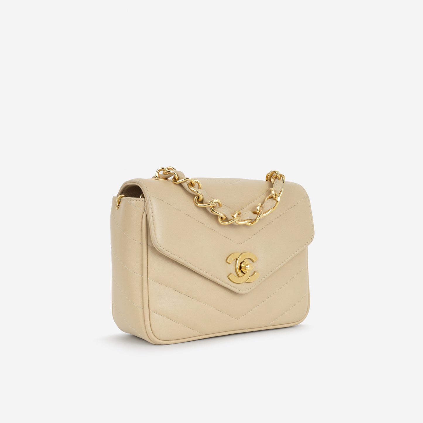 Chanel Vintage Square Chevron Flap - Beige Lambskin | Gold Hardware
