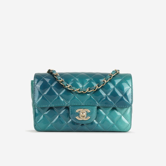 Chanel Mini Flap Rectangular - Blue Ombre Patent | Champagne Gold Hardware
