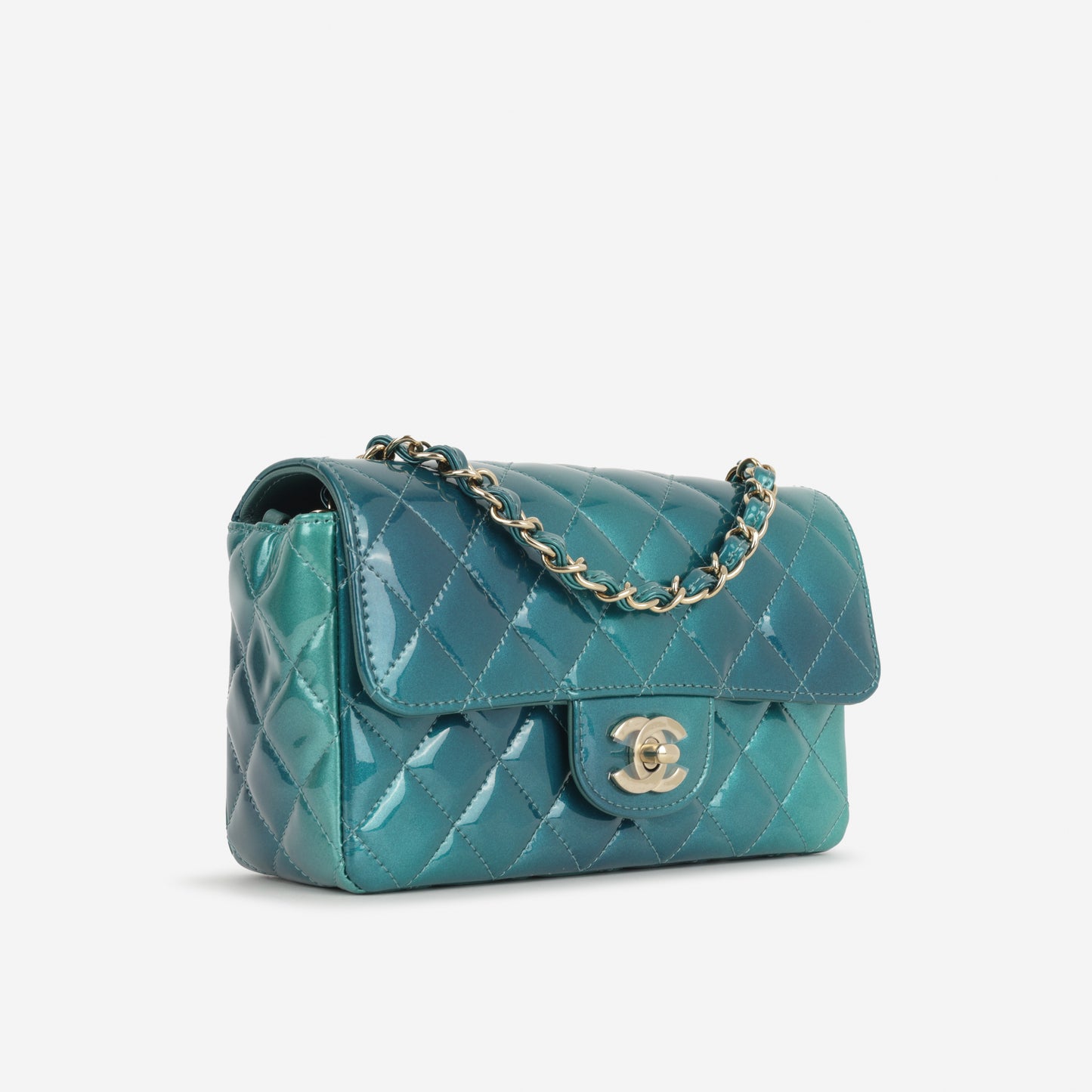 Chanel Mini Flap Rectangular - Blue Ombre Patent | Champagne Gold Hardware