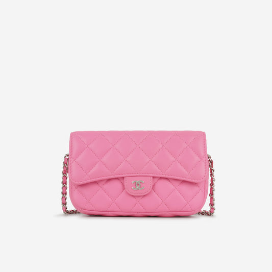 Chanel CC Phone Holder - Hot Pink Lambskin | Silver Hardware