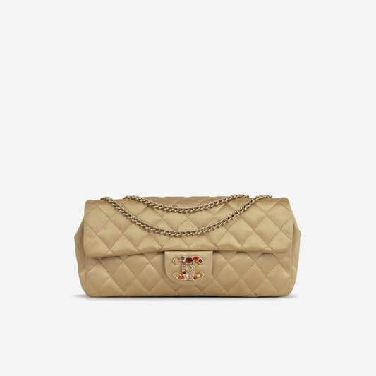 Chanel Pearl East West Flap Bag - Beige Satin | Jewelled CC